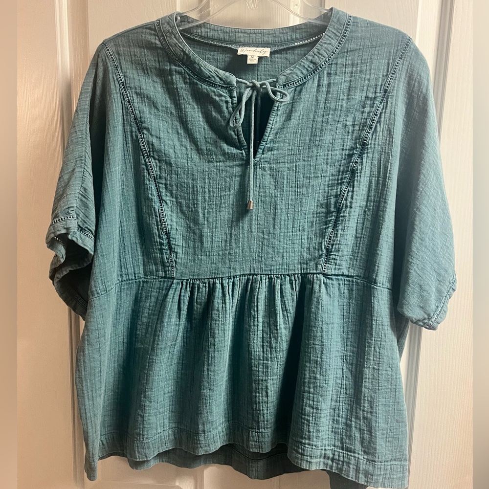 Wonderly Teal Blouse with Tie Neck